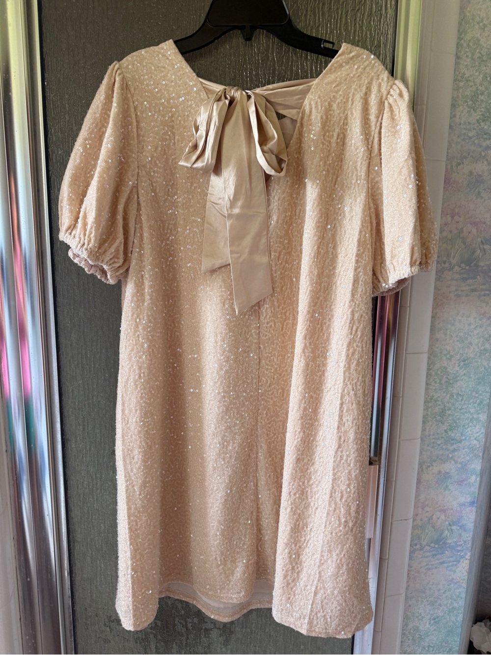 Girls' Sparkle Puff Sleeve Dress with Bow - Cream